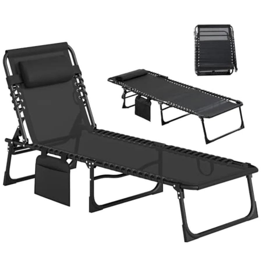 

Outdoor Folding Lounge Chair with 5-Position Adjustment Black Removable Pillow and Side Pocket Portable for Garden Beach Patio