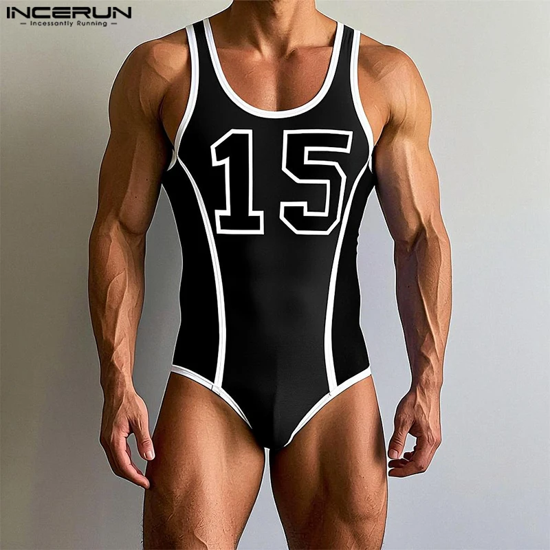 INCERUN, monos para hombre con estampado de retazos, cuello redondo, sin mangas, entrenamiento, peleles elásticos para hombre, monos informales de moda 2025