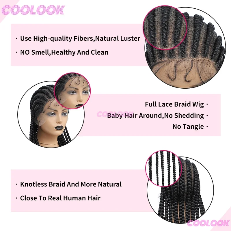 36 "360 كامل الرباط الباروكات للنساء السود شعر مستعار اصطناعي كورنو الضفائر الدانتيل الباروكات شعر مستعار أسود الأفريقي