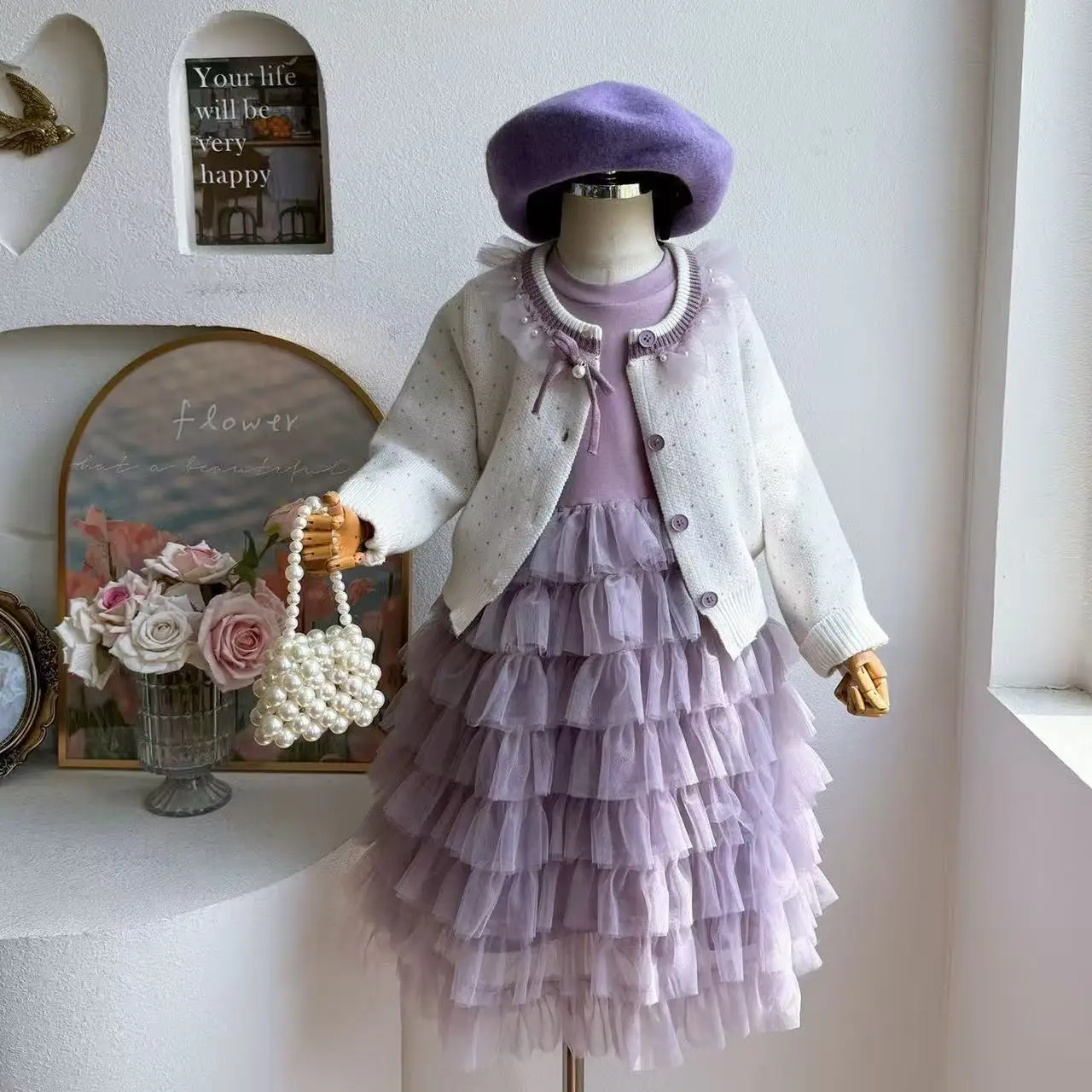 2026 ملابس الخريف للأطفال أنيق البولكا نقطة سترة متماسكة الفتيات طفل طويل الأكمام المرقعة تول المتدرج تنورة فستان الأميرة #2