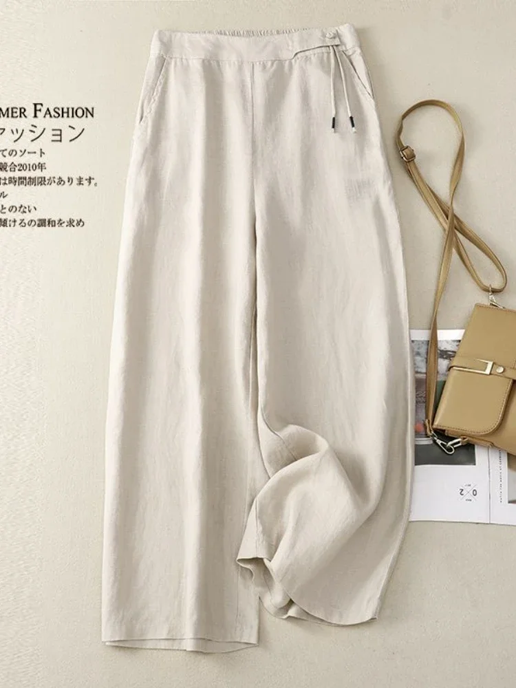 Retro Artistic Summer Wide Leg Pants Women Elastic High Waist Cotton and Linen Casual Pants Loose Straight Yellow Women's Pants