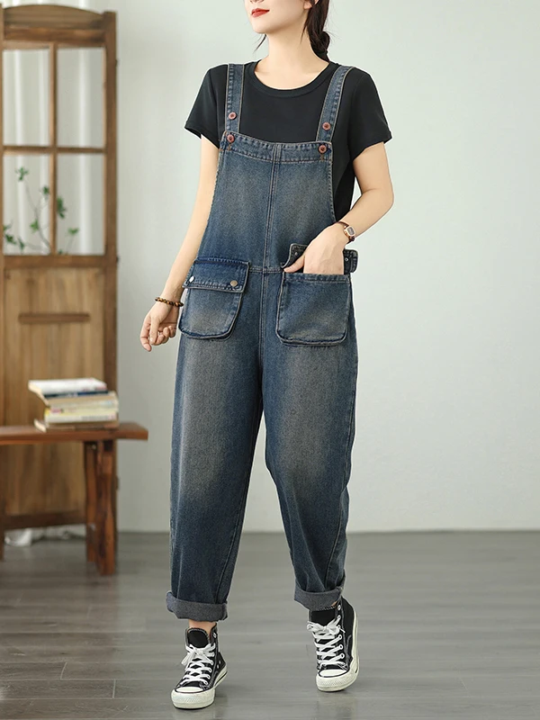

High Waist Wide Leg Straight Cut Denim Overalls Women's Spring Summer New Sle Loose Fit One-Piece Pants Casual Blue Jeans