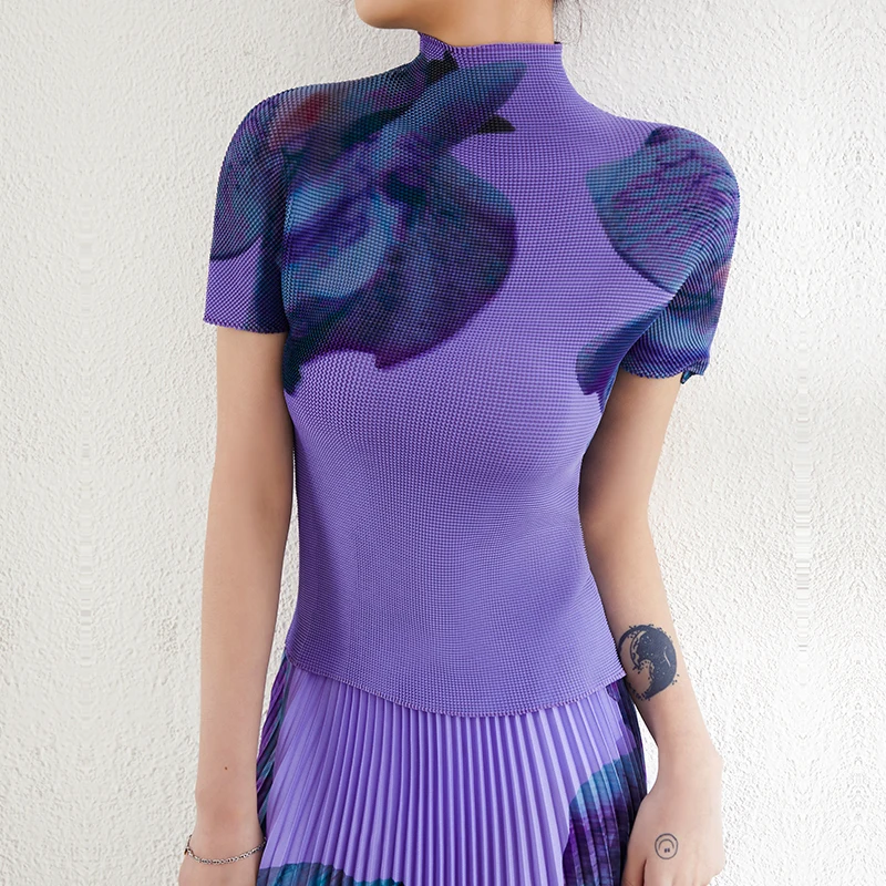 Miyake Summer Ladies Fashion Pink Short Skirt Set Short Sleeve Elastic Waist Flowers Print Pleated Skirt Two Piece