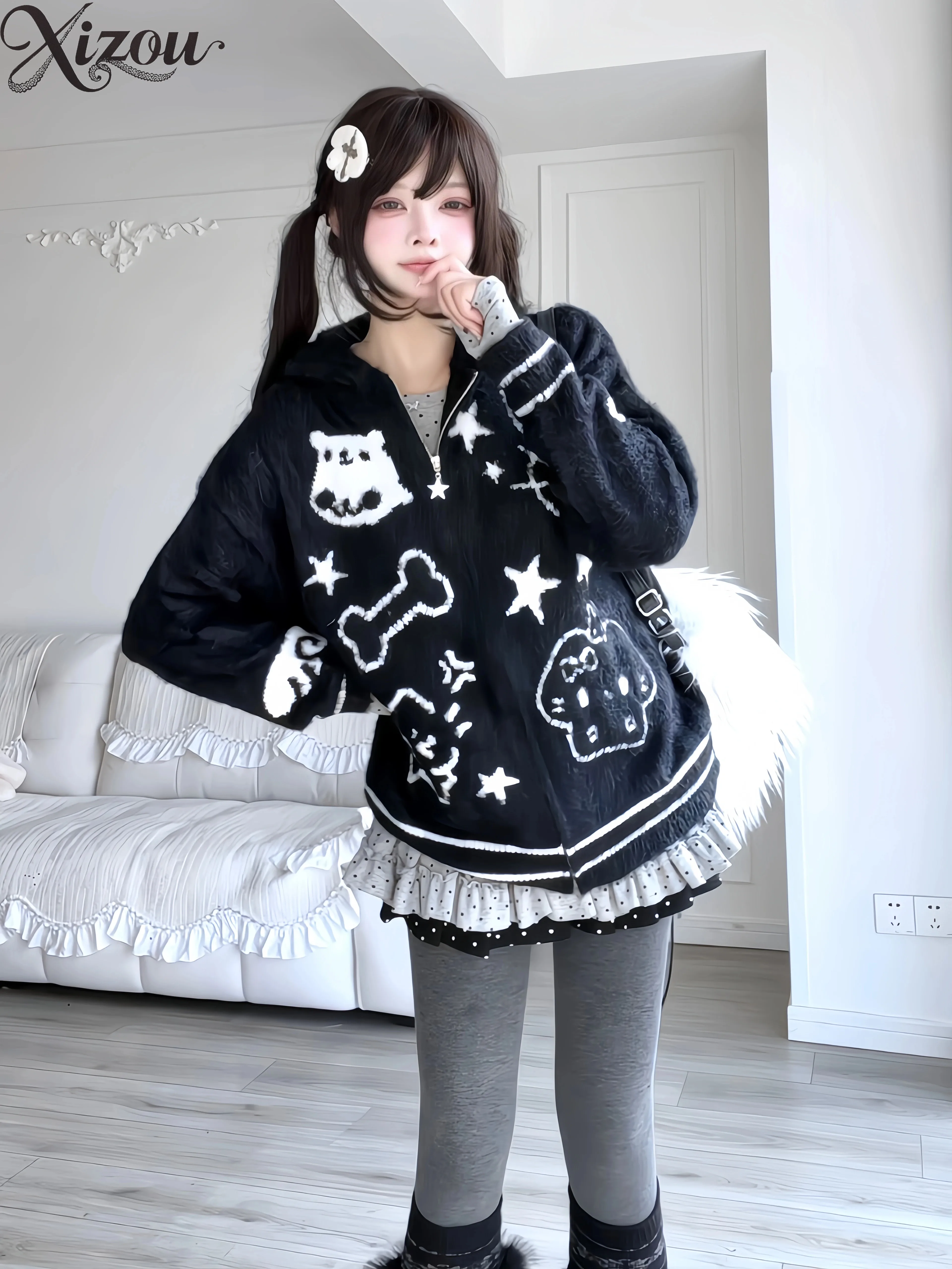 Kawaii Cartoon Cat Hooded Sweater Women Knitted Coat Sweet Cool Loose Autumn Winter Zipper Cardigan 2025 Japanese Black Warm