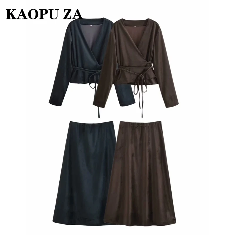 KAOPU ZA 2024 Autumn Woman Sophisticated Lace Top Two-piece Party Lady Long Sleeve V-Collar Jacket Regular Fit Coat Outerwear