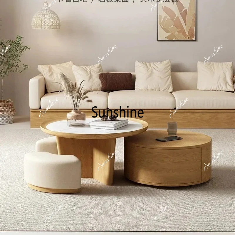 

Nordic solid wood small apartment simple modern rock slab round tea table combination