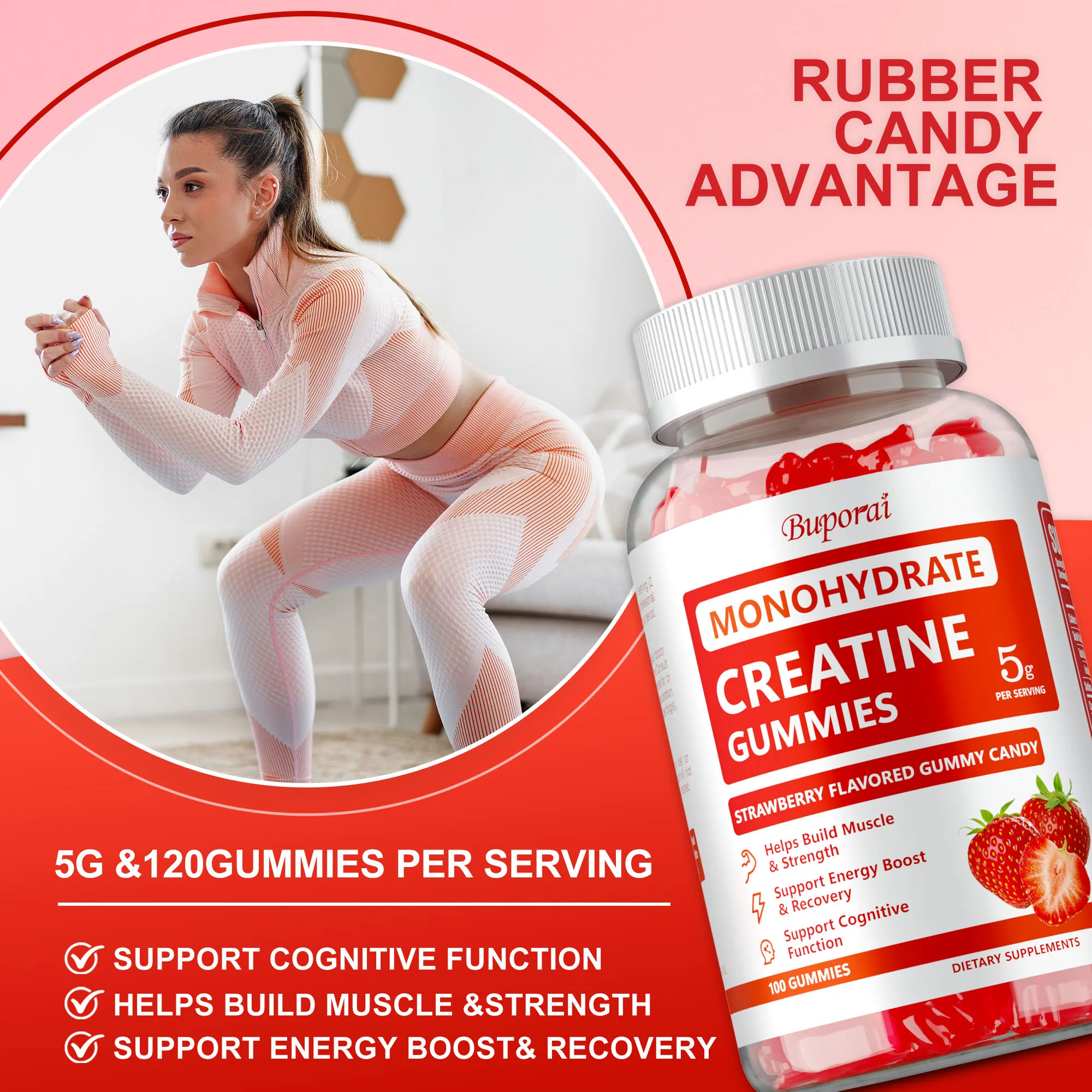 

Creatine Monohydrate Gummies - Helps Build Muscle and Strength, Increases Athletic Performance, Improves Energy & Endurance