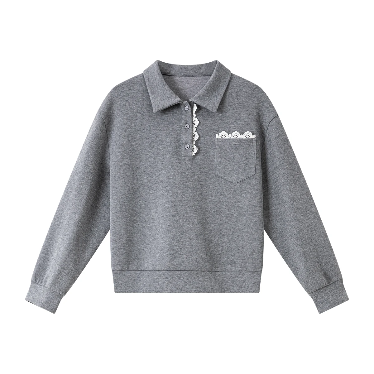 VIMLY Sports Women Grey Sweatshirts Autumn 2025 Lace Splicing Turn-down Neck Knitted Female Sweatshirt Loose Ladies Tops A2225