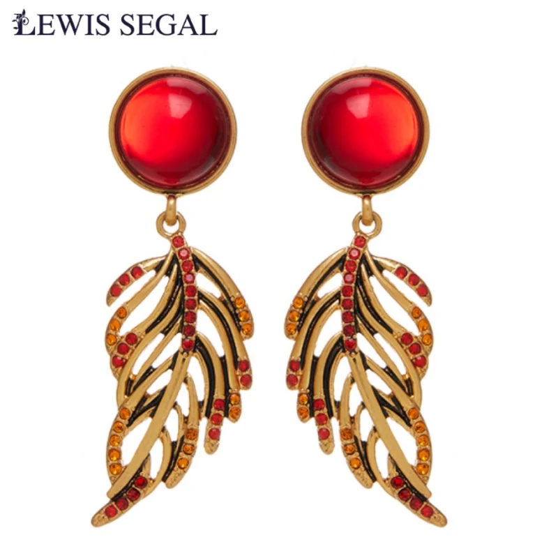 

LEWIS SEGAL Red Glaze Gold Leaf Dangle Earrings For Women Girl Wedding Party Daily Luxury Vintage Drop Earring Fine Jewelry