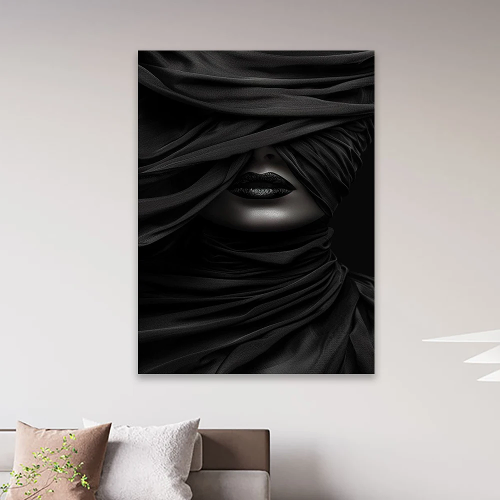 غامض الحجاب الأسود صورة قماش اللوحة مجردة امرأة الوجه الفن يطبع الظلام بريق جدار ديكور مودي أحادية اللون ملصق