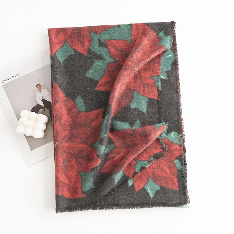 

New Vintage Large Printed Floral Faux Cashmere Scarf Women Winter Warm Short Fringe Shawl Hijab Hair Wrap Fashion Neck Wrap