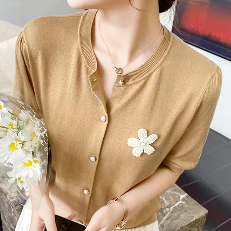 

Korean Fashion Cardigan O Neck Tops Knitted Cardigan T Shirt Women Thin Short Sleeve Tshirts Female 2023 Summer Woman White Tees