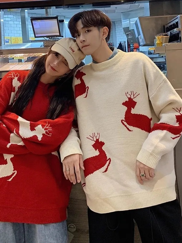 

Cisas Deer Pattern Knitted Sweater Loose Casual Sle Women's Men's Couple's Autumn Winter New Arrival Knitwear