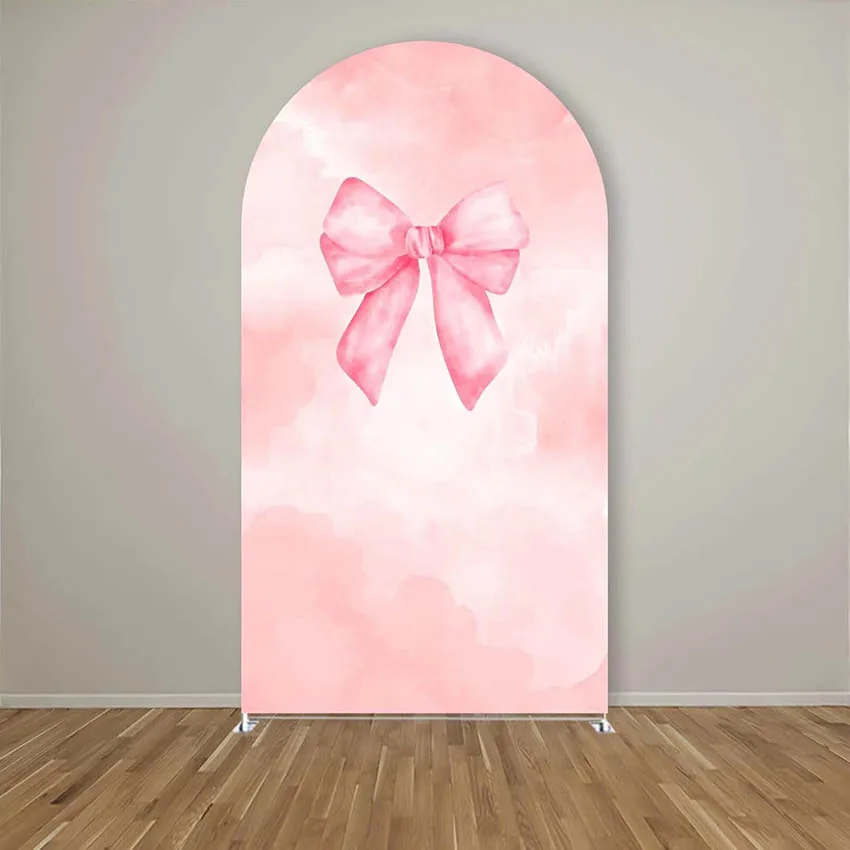 

Mehofond Custom 2-Sided Pink Bow Baby Girl Birthday Party Bride Shower Wedding Cover Chiara Arch Wall Background Decor Backdrop