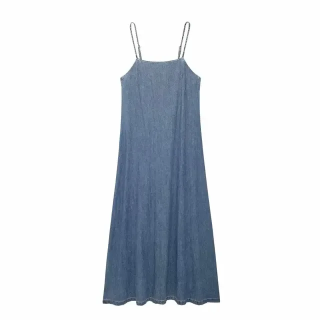 

BabYoung Summer Fashion Women Dresses Blue Sleeveless Backless Strapless Sling Pleated Female Beach Style Denim Mid-Length Dress