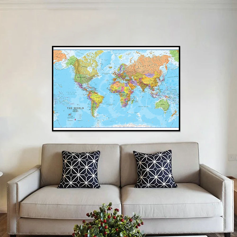 O mapa do mundo decorativo pendurado imagem, pintura de lona altamente detalhada, arte moderna da parede, cartaz, material escolar, casa, 60x40cm