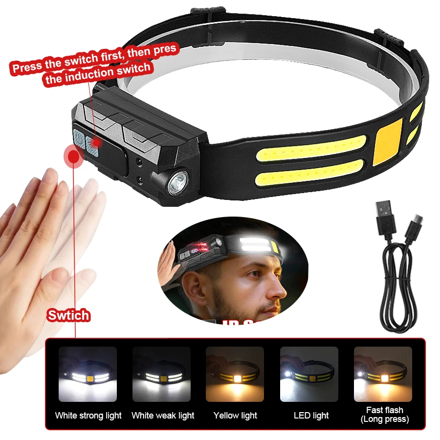 COB LED Induction Headlamp USB Rechargeable Motion Sensor Headlight 5 Light Modes Waterproof Head Torch Camping Fishing Work