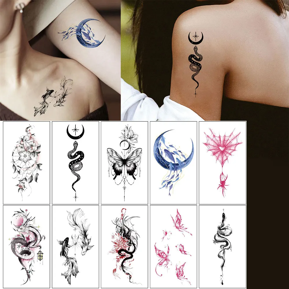 

10 шт., временные татуировки-наклейки с бабочками, змея, паутина, луна, дракон, узор, поддельные татуировки для женщин и мужчин, ручное запястье, боди-арт