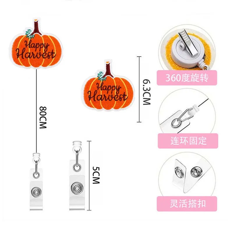 2023 Embroidery Thanksgiving Day Badge Reel Retractable ID Badge Holder 360 Rotating Alligator Clip Name Holder