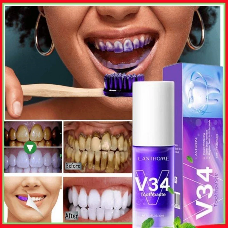 V34 Pro Purple Corrector Teeth Whitening Toothpaste Enamel Care Easy Smile Removal Plaque Stain Reduce Yellowing Oral Clean Care