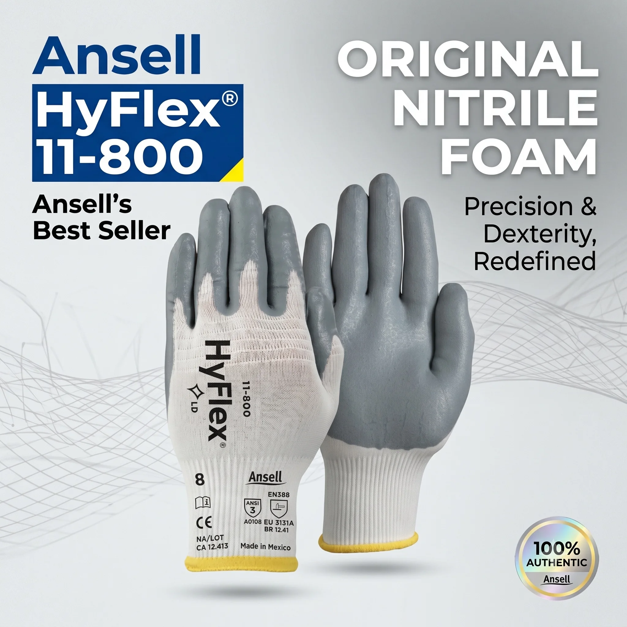 Ansell HyFlex 11-800 Anti Slip Breathable Mechanical Glove 15 Gauge Nylon Palm Coated Elastic Mechanic Hand Protective Gloves