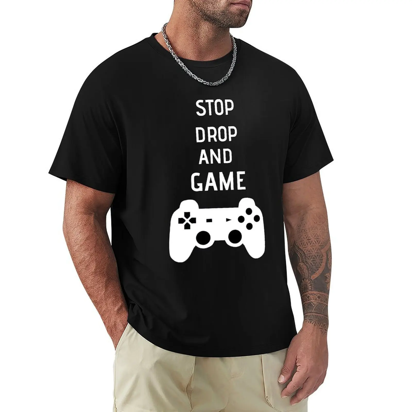 Stop Drop And Game T-shirt summer tops oversized vintage clothes hippie clothes T-shirt men