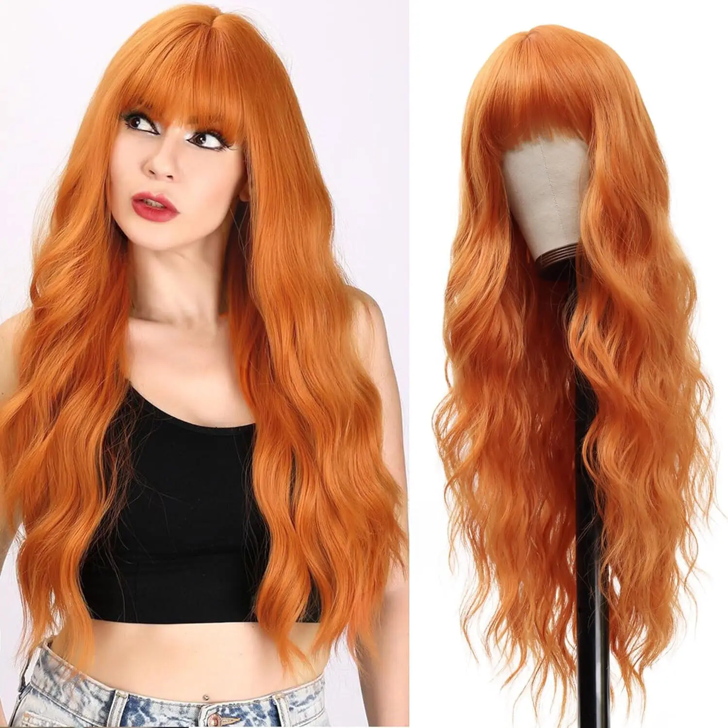 Long Wavy No Lace Wigs Heat Resistant Synthetic Orange Handtied