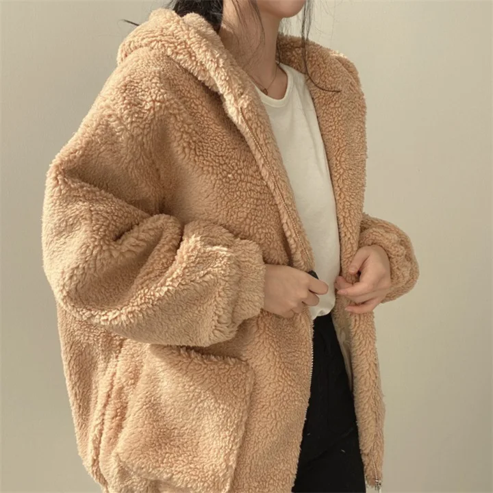 Korean Version Plush Thickened Lamb Wool Cotton Middle length Coat Women\'s Winter Loose Solid Color Zipper Hooded Jacket 2023