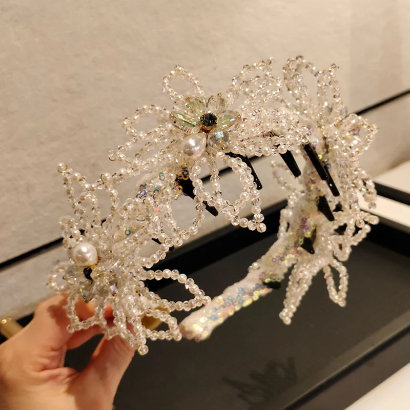 Hand Beaded Floral Headband Woven Crystal Flower Hair Hoop With Imitation Pearl Fairy‑Style Hair Accessories Party Hair Decor