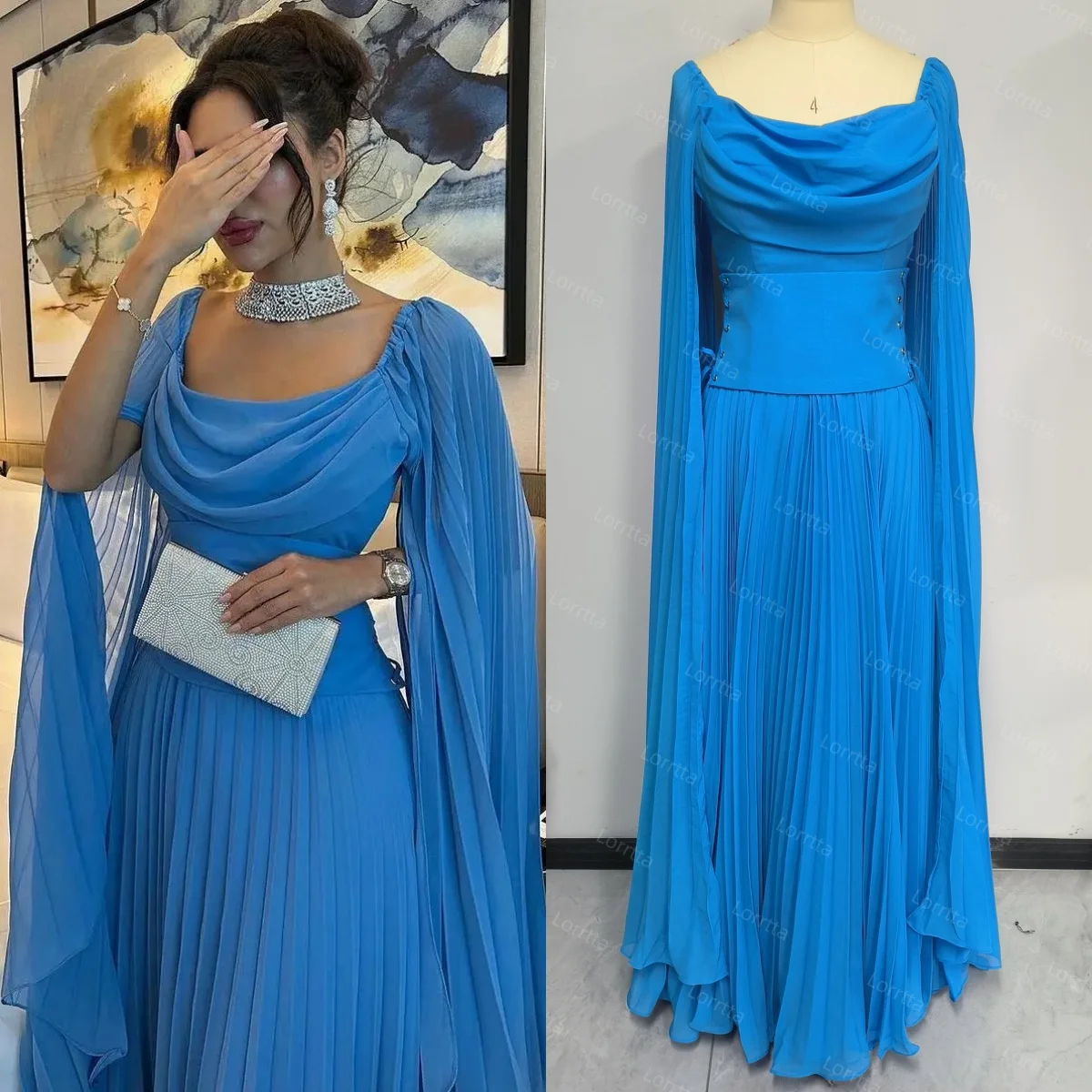 فساتين سهرة أنيقة بطيات وأكمام طويلة 2025 بياقة مربعة وكشكشة على شكل حرف a لحفلات الزفاف مع حزام عادي فيستدوس دي فييستا