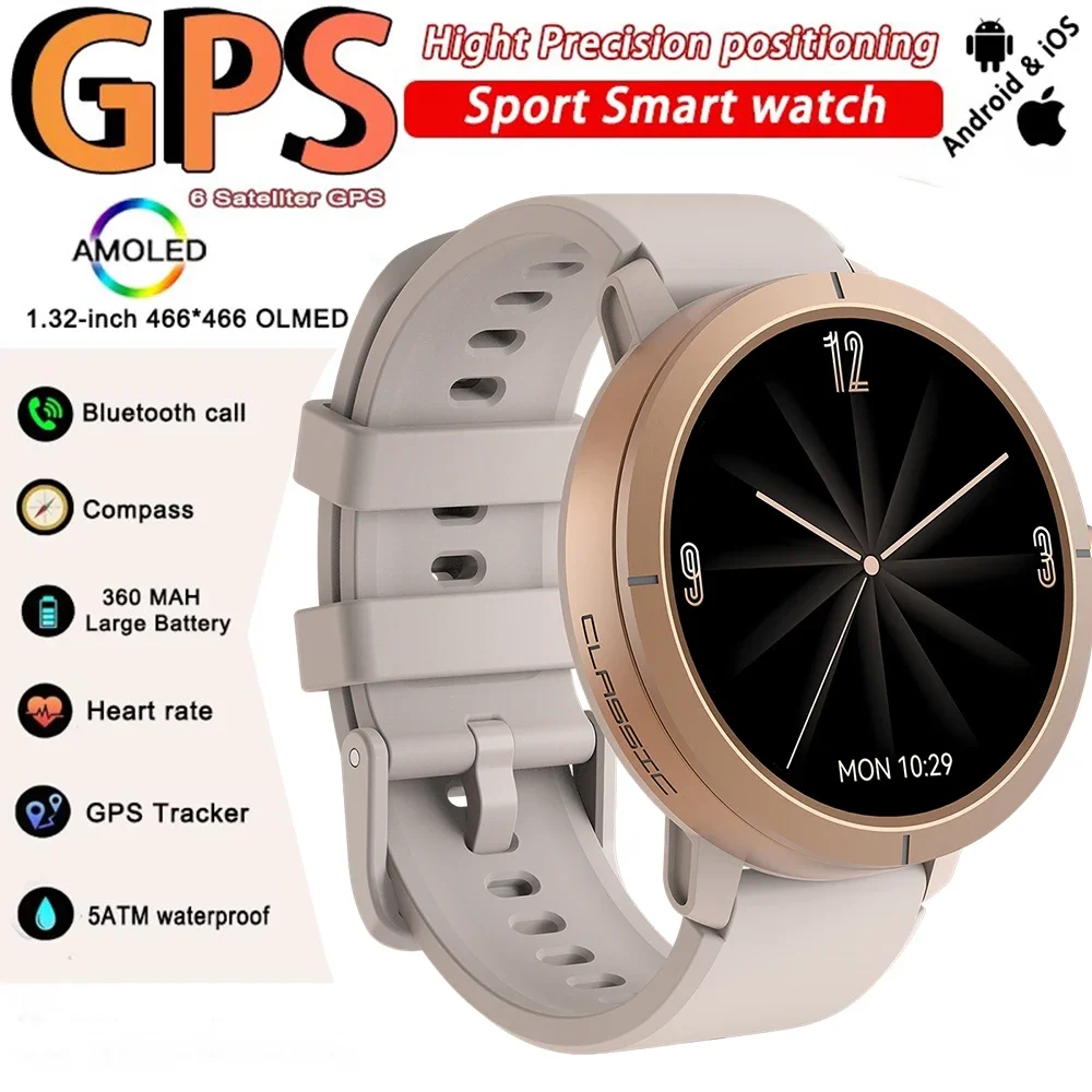 

New GPS Sports Smart Watch 1.32 inch AMOLED HD Screen Compass Heart Rate Bluetooth Call Smartwatch Men Women