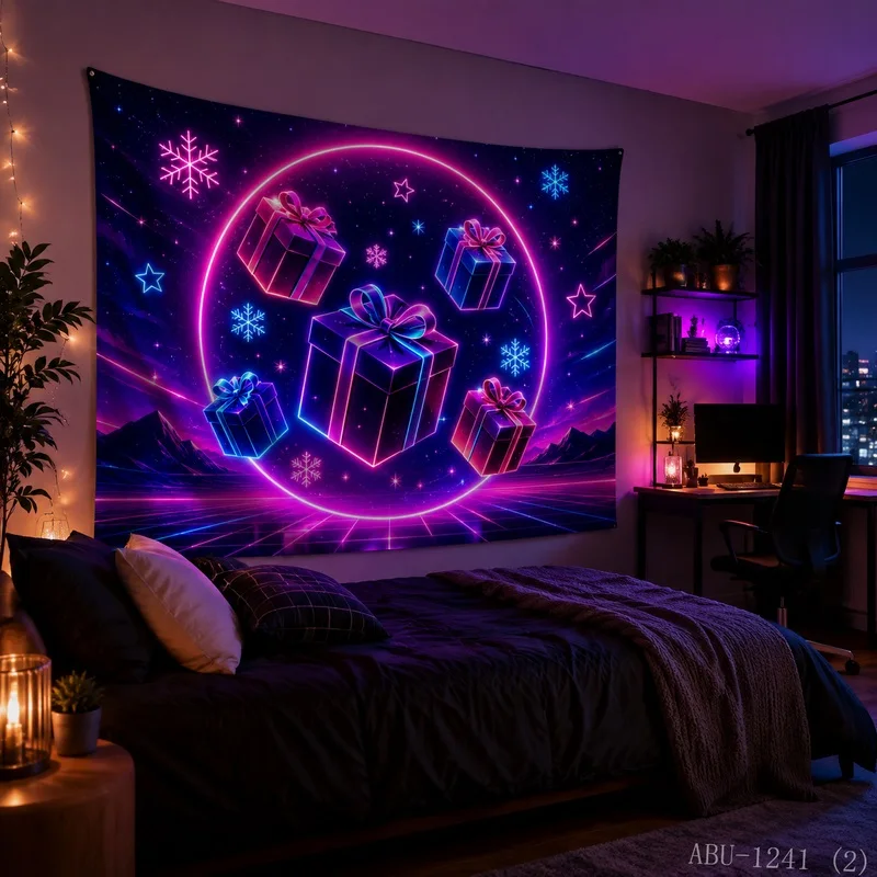 VIKAMA Gift Box Blacklight Neon Glow Tapestry Wall Hanging, Bright HD Print, Wall Art for Bedroom Dorm Party Game Room Bar Decor