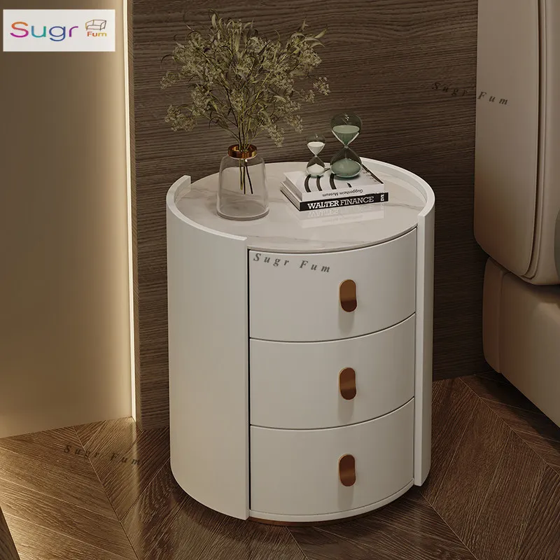 

Интеллектуальная беспроводная прикроватная тумбочка с каменным наполнением, круглая прикроватная тумбочка для спальни из цельного дерева и кожи, простой шкаф для хранения