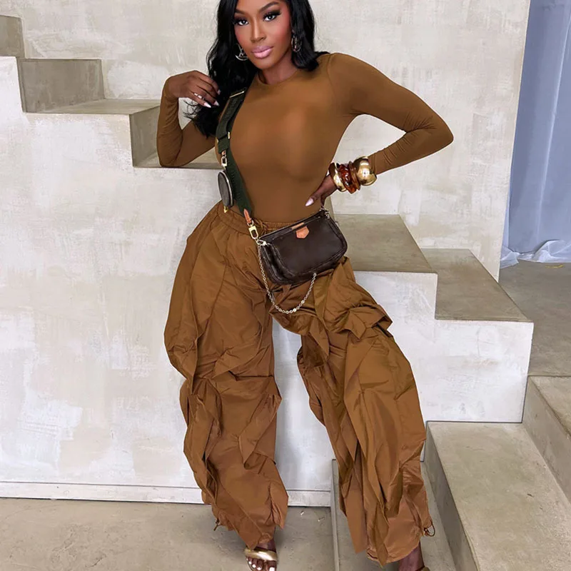 

Doyerl Casual Sweatsuits for Woman 2 Piece Sets Sporty Fitness Long Sleeve Top and Wave Ruffles Wide Leg Pants Matching Set