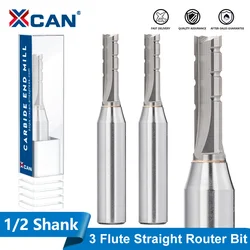 XCAN 3 Flute Milling Cutter TCT Straight Router Bit for MDF Plywood Chipboard Wood Slot Cutter 1/2 Shank Carbide End Mill