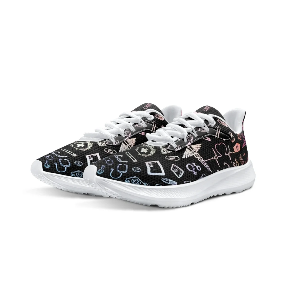 Fashion Style Print Teenager Mesh Sneaker Hospital Work Doctor Nurse Portable Shoes Convenient Breathable Lace Up Footwear Flats
