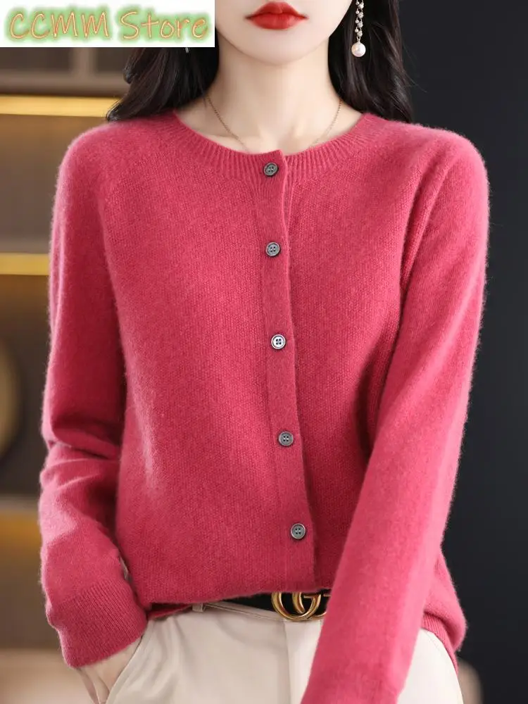 Women O-neck Cardigan Merino Wool Sweater Long Sleeve Cashmere Knitwear Tops Loose Women T-Shirt Spring Autumn Winter