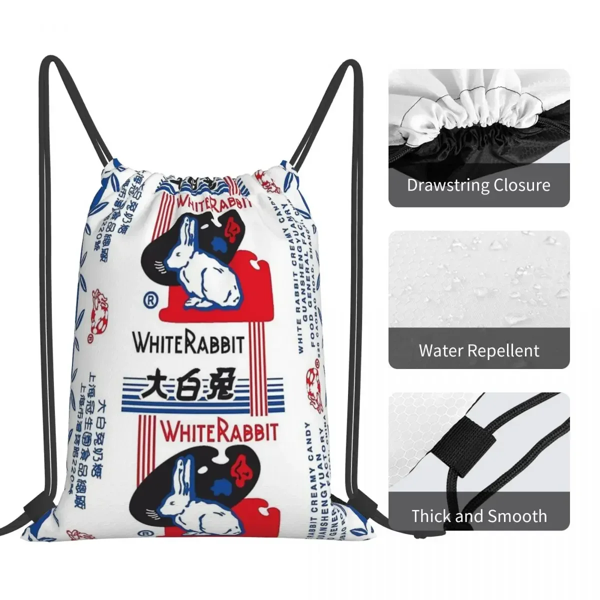 White Rabbit Candy Backpacks Fashion Portable Drawstring Bags Drawstring Bundle Pocket Sports Bag BookBag For Man Woman Students