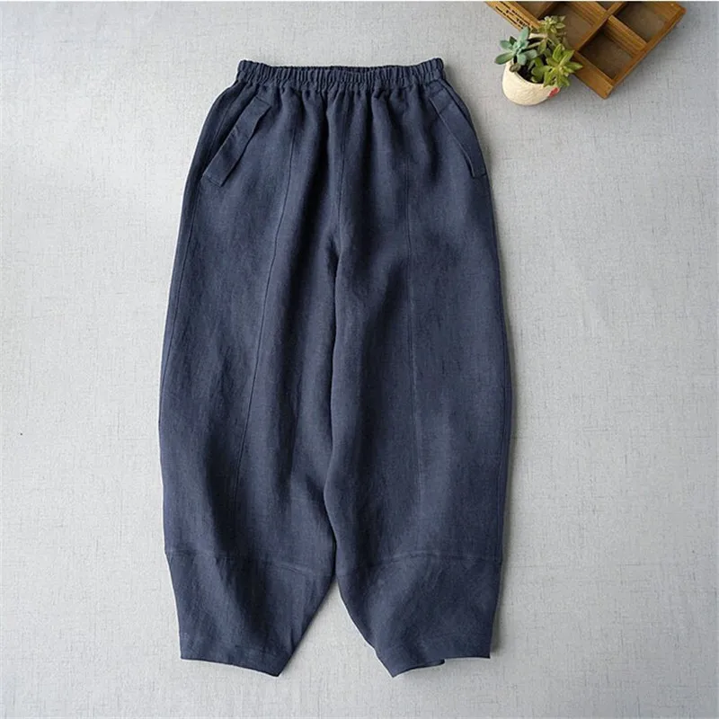 2025 New Spring Vintage Pocket Pants Women Chinese Style Loose Linen Cropped Pants Ankle-Length Casual Solid Patchwork Trousers