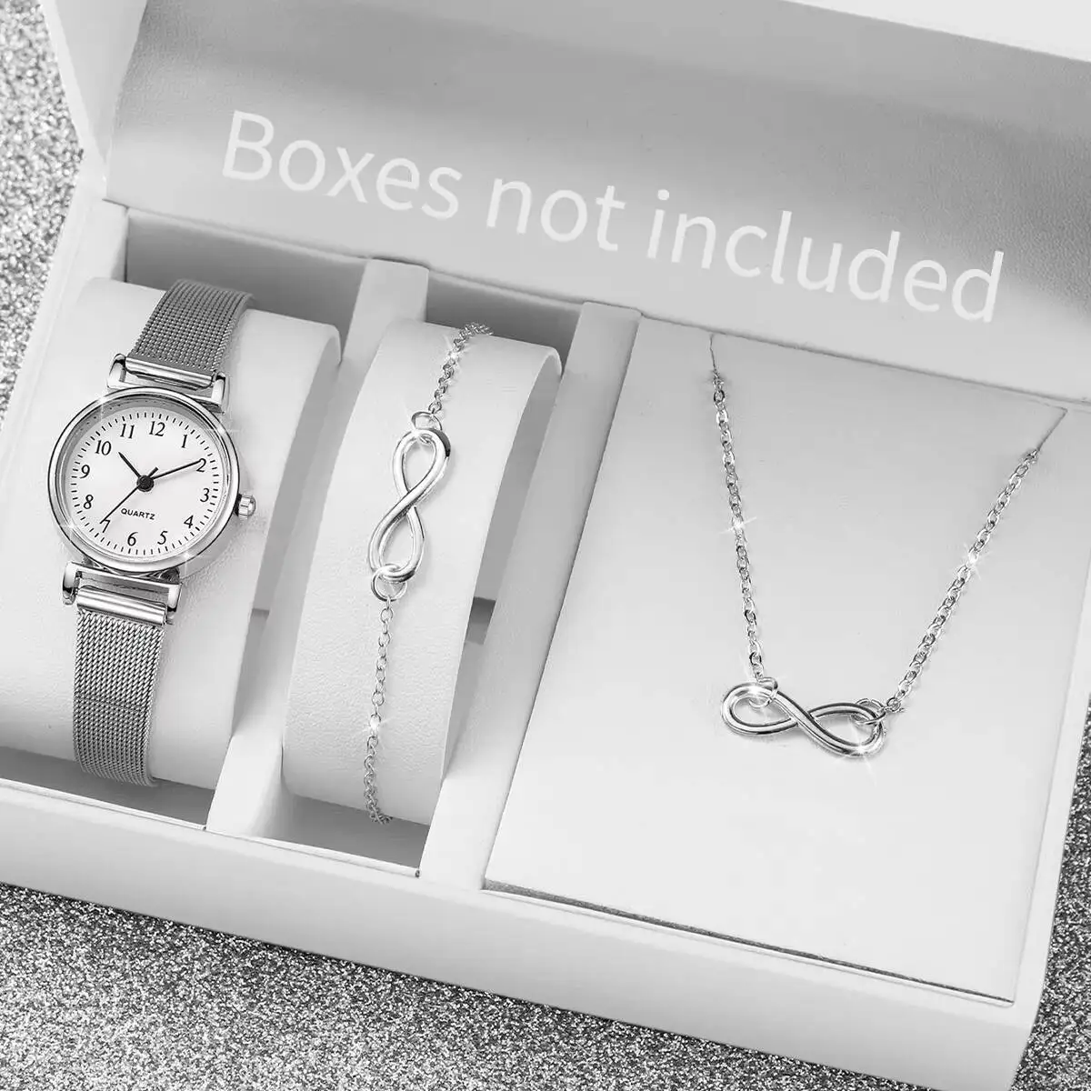 여성용 패션 아랍어 다이얼 쿼츠 시계, 스틸 메쉬 밴드, 아날로그 손목시계, 실버 쥬얼리 세트, 박스 없음, 3PCs/세트