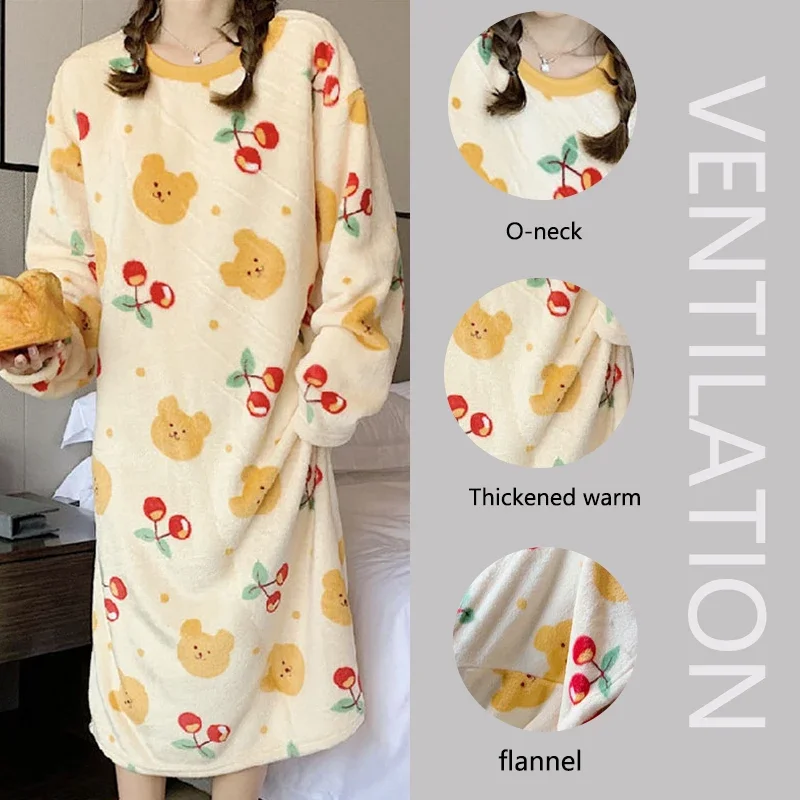 Coral Velvet Nightgown Women Autumn and Winter Thickened Flannel Cartoon Pajamas Raw Mid-Length Nightgown Long-Sleevedwomen