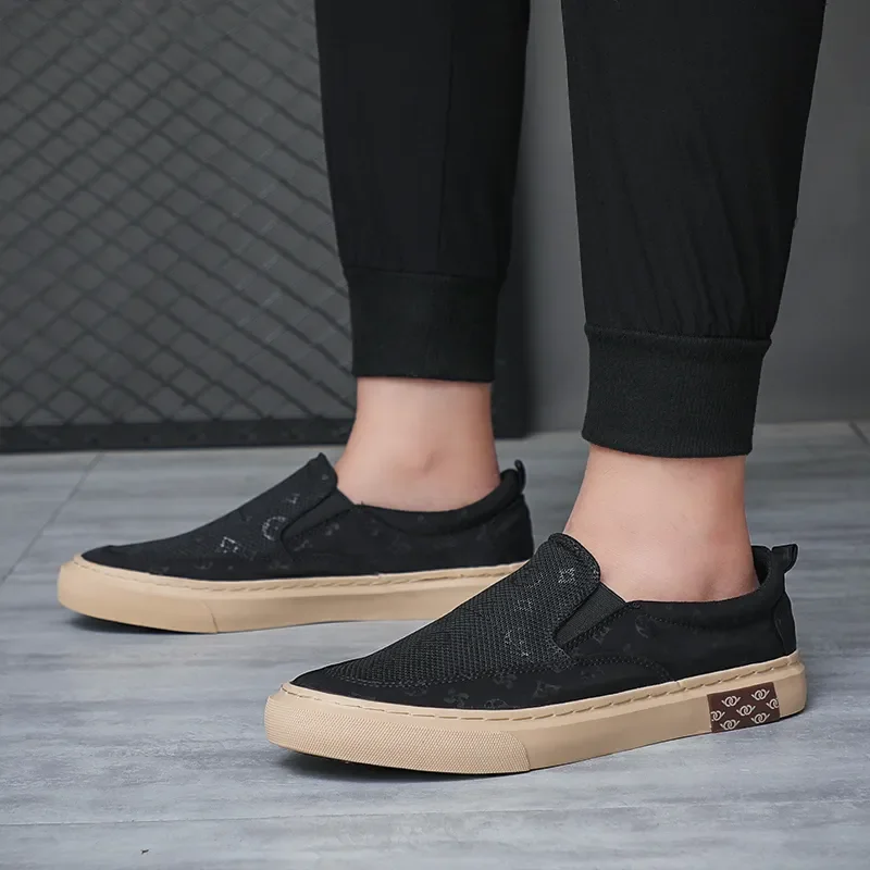 Men Canvas Business Shoes Fashion Vulcanized Mesh Lace-up Sneakers Tenis Slip-On Board Footwear for Male Khaki Gray Black