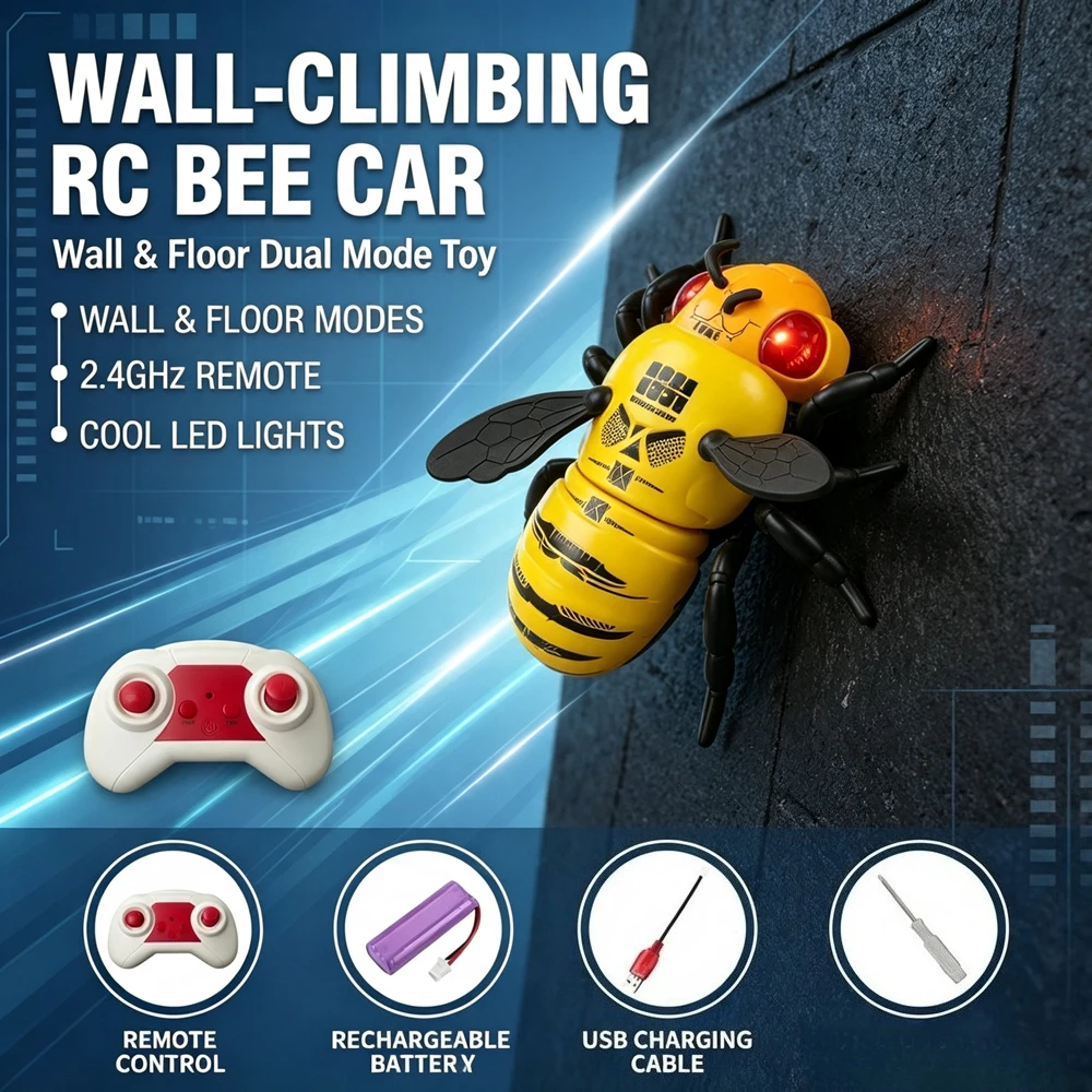 Light Up Bee Shaped Remote Control Wall Climbing Vehicle Simulated Animal RC Stunt Car Creative Wall Crawler Toy Birthday Gift