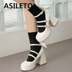 ASILETO Women Pumps Round Toe Ultrahigh Heel 9cm Platform Buckle Strap Lolita Style Sweet Girls Shoes Small Size 32 33 Bowknot