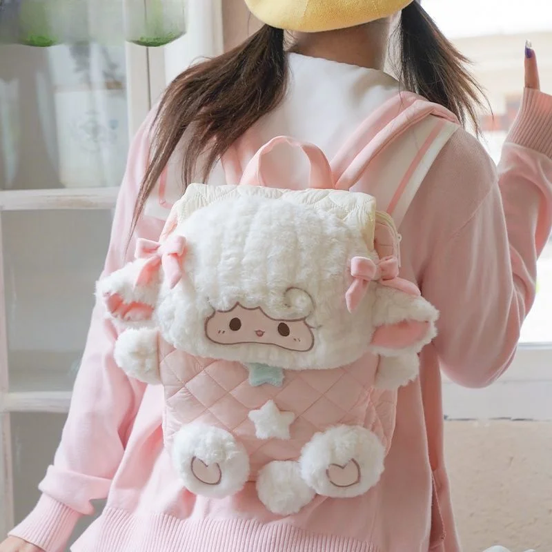 กระเป๋าเป้ JIAERDI ลายแกะน่ารัก สไตล์การ์ตูน ขนปุย จุของได้เยอะ เหมาะสำหรับนักเรียน ผู้หญิง สไตล์โลลิต้า พร้อมโบว์ ใช้ได้ทุกวัน