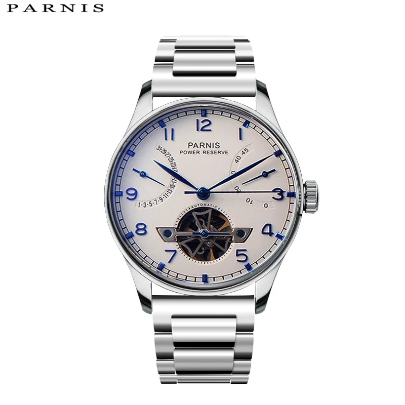 

Fashion Parnis 43mm White Dial Skeleton Automatic Mechanical Men's Watches Power Reserve Tourbillon Watch For Men reloj hombre