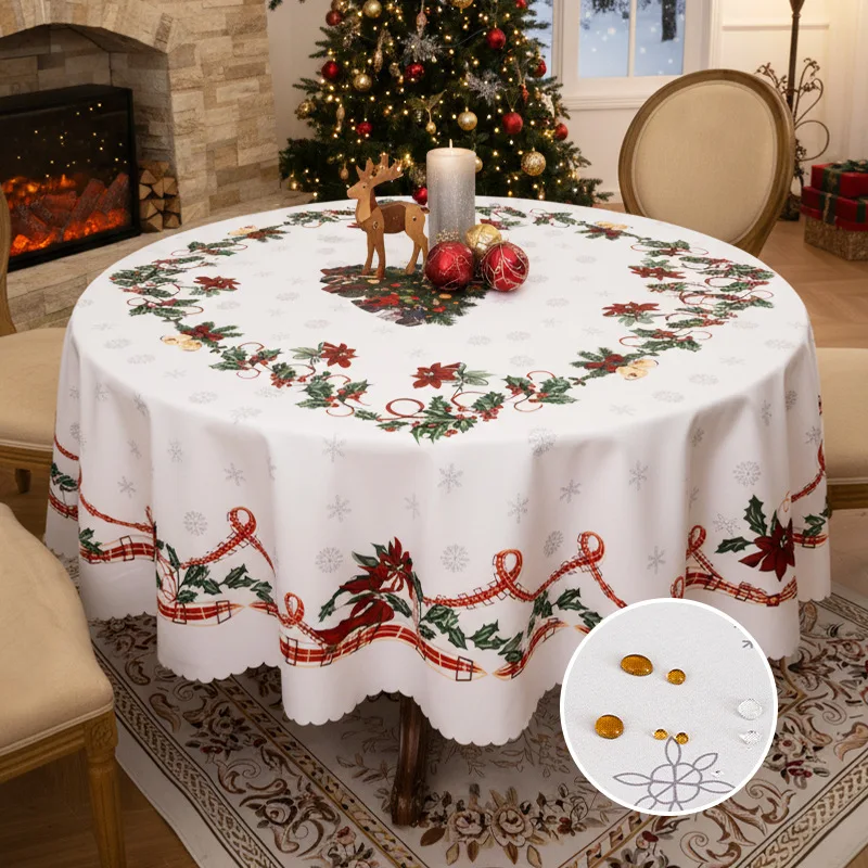 Christmas Printed Round Tablecloth Anti-Stain Holiday Home Decor for Living Room Waterproof Easy-Care Dining Table Decoration