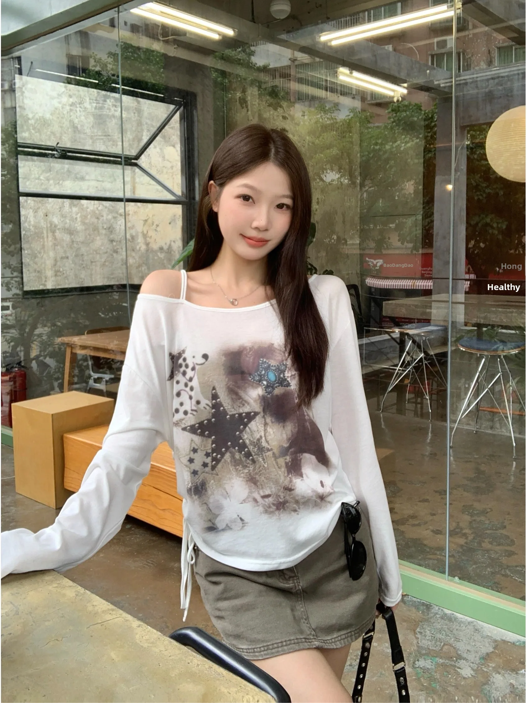 

plus Size Women's Lazy Style Long Sleeve Sun Protection T-Shirt Summer Spicy Shoulder Bared Print Versatile Loose Top