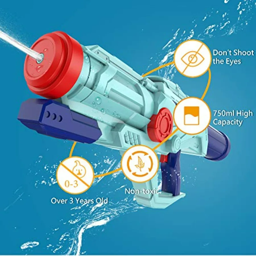 Outdoor water guns for kids and adults: durable plastic, bright blue, 4-pack with 32ft range, high-capacity tanks and quick-ref