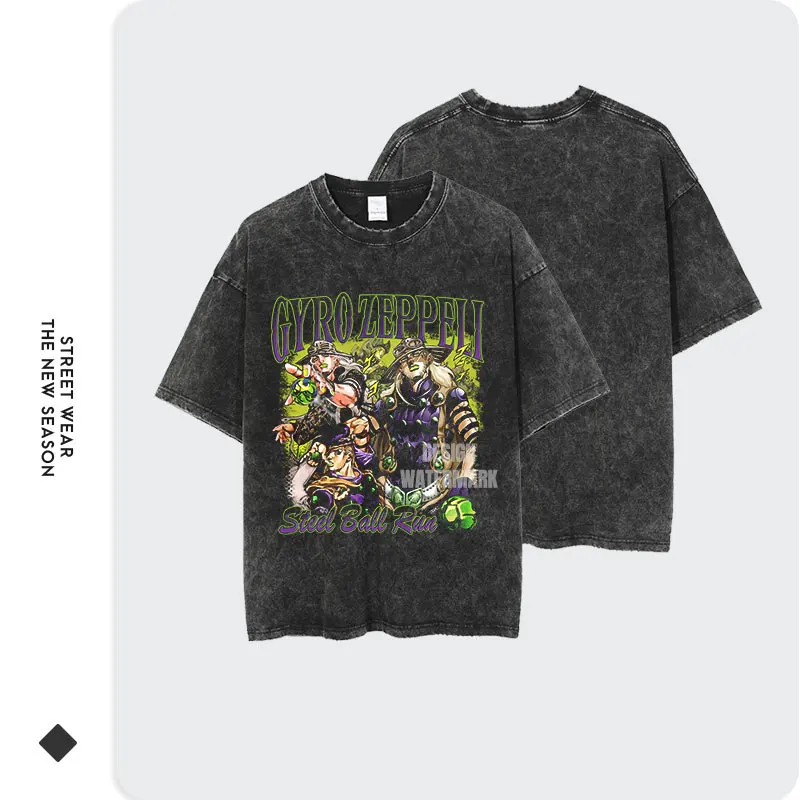 Bandai Anime JoJos T Shirt Vintage Washed JOJO Steel Ball Run T-shirts Streetwear Manga Gyro Zeppeli Tops Tees Men Girl Cotton